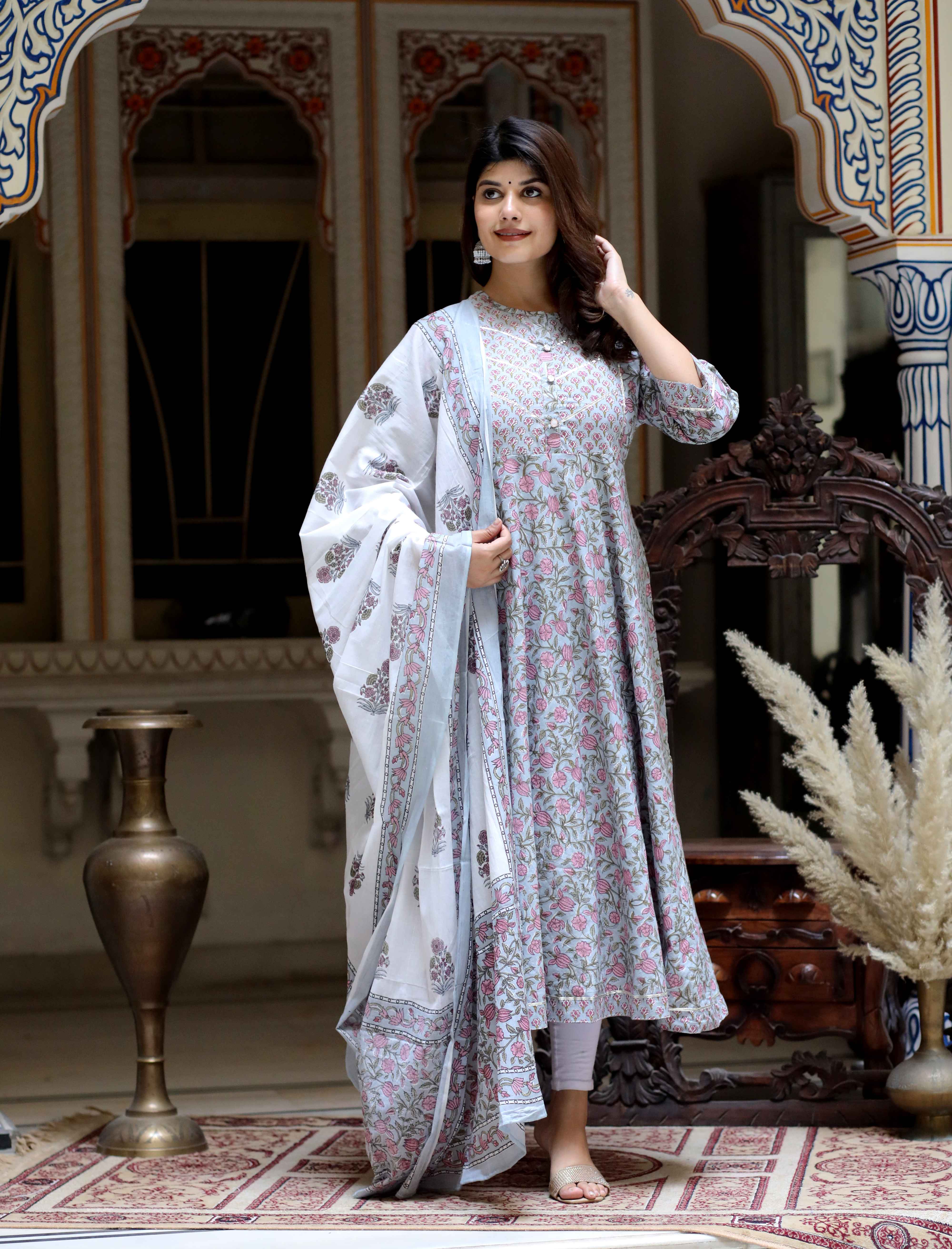 Blue Cotton Anarkali Kurta with Gota Work & Floral Dupatta Set